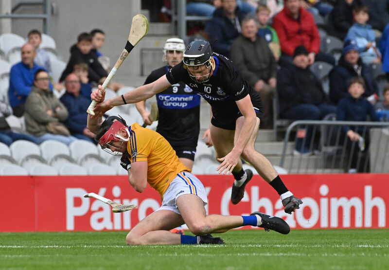  Jack O'Connor, Sarsfields, in a clash with Ethan Twomey, St Finbarr's, during their Co-Op Superstores Premier SHC semi-final at SuperValu Páirc Uí Chaoimh. Picture: Dan Linehan