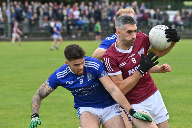  Seán Ó Riordáin of Naomh Abán in action against Rockchapel's Séamus Hickey. Picture: Dan Linehan