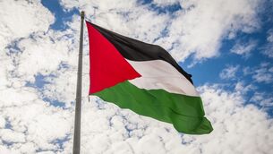 <p>P7DKD7 Palestinian flag waving in the sky stock image. It is situated on the top of the hill in Rawabi, Palestine.</p>