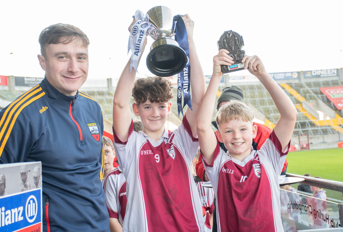 Cork senior footballer Seán Meehan, a teacher in Ovens National School, after Gaelscoil Uí Riordáin won the Sciath na Scol last year. Picture: Howard Crowdy