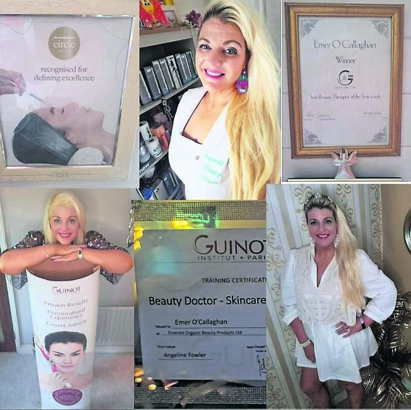 Emer O’Callaghan, top, centre, wearing her uniform at Emerald Beauty Clinic, designer earrings a gift from a client. Below, right, wearing a dress from Savida, Dunnes Stores, hair band from CiCi Boutique, and also pictured are some of her awards and certs, and with her Guinot display. Guinot treatments and products available at Emerald Beauty Clinic, 021 4365949