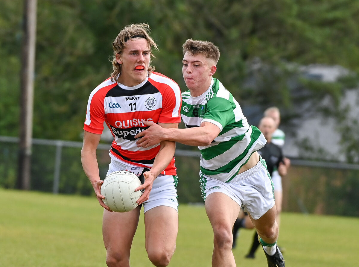  Ballincollig's Liam O'Connell looks for support while under pressure from Valley Rovers' Jacob O'Driscoll in 2022. Picture: David Keane