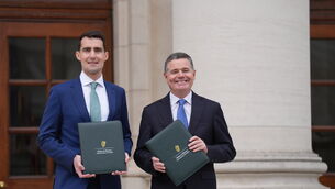 <p>Finance minister Jack Chambers and public expenditure Paschal Donohoe speaking to the media outside Government Buildings, Dublin, ahead of the annual Budget. </p>