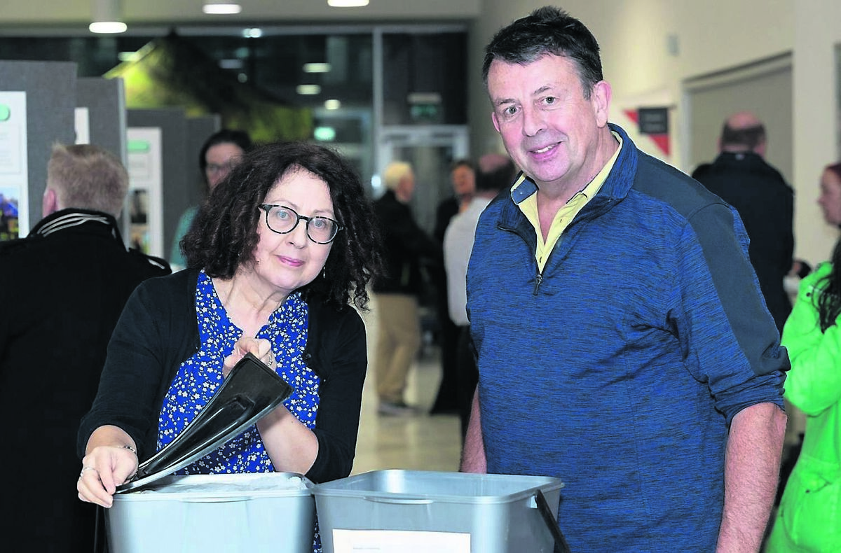 Artist Ann Lambe, Biodiversity Climate Action Unit, and Jim Dwane, Ballyphehane, examining a food bin at the launch of the Community Climate Action Fund in Cork city; almost €1m is to be made available to community groups across the city.	Picture: Darragh Kane
                    