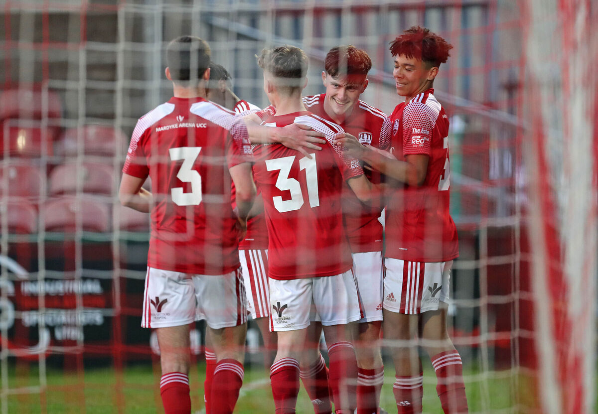 Oran Crowe, Cork City, smiles after his goal, congratulated by his team mates, Ronan Hurley, Zach Dunne and Leon Ayinde. Picture: Jim Coughlan. Oran Crowe, Cork City, smiles after his goal, congratulated by his team mates, Ronan Hurley, Zach Dunne and Leon Ayinde. Picture: Jim Coughlan.