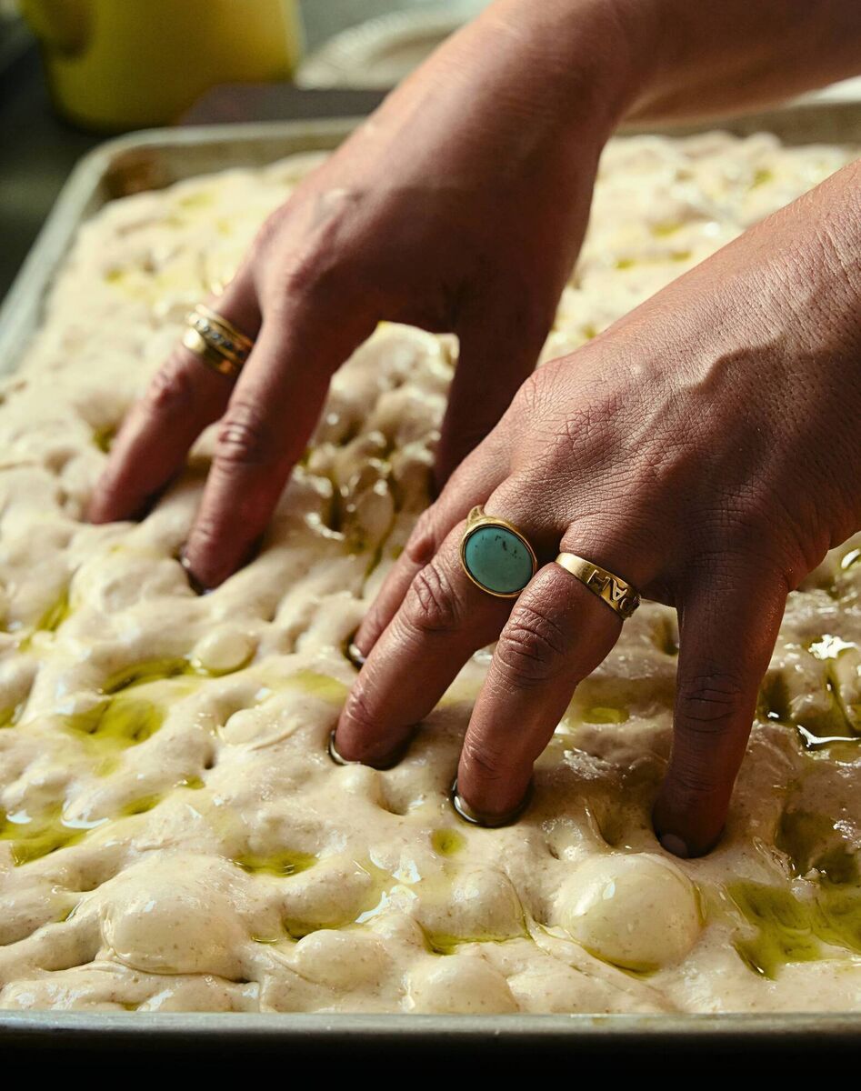 Samin Nosrat's sky-high focaccia. Picture: Aya Brackett/PA Samin Nosrat's sky-high focaccia. Picture: Aya Brackett/PA