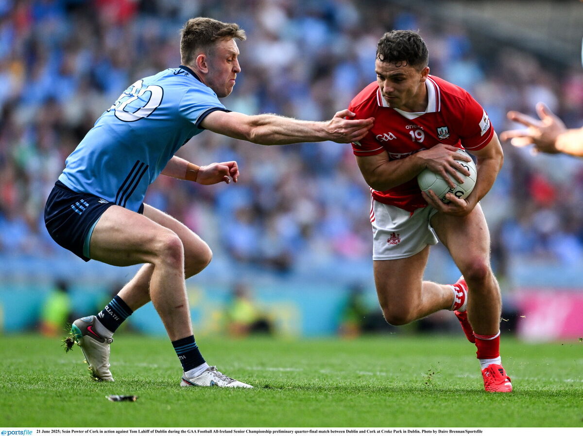 Seán Powter of Cork in action against Tom Lahiff of Dublin back in June. Picture: Daire Brennan/Sportsfile Seán Powter of Cork in action against Tom Lahiff of Dublin back in June. Picture: Daire Brennan/Sportsfile