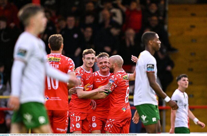 JJ Lunney of Shelbourne, centre, celebrates with teammates after scoring his side's third goal during the SSE Airtricity Men's Premier Division match between Shelbourne and Cork City at Tolka Park in Dublin. Picture: Sam Barnes/Sportsfile