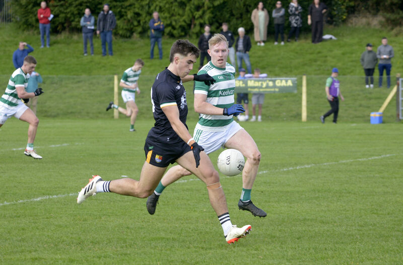 Ciarán Santry of Carbery Rangers gets his shot away, under pressure from Valley Rovers' David Muckian. Picture: Denis Boyle Ciarán Santry of Carbery Rangers gets his shot away, under pressure from Valley Rovers' David Muckian. Picture: Denis Boyle