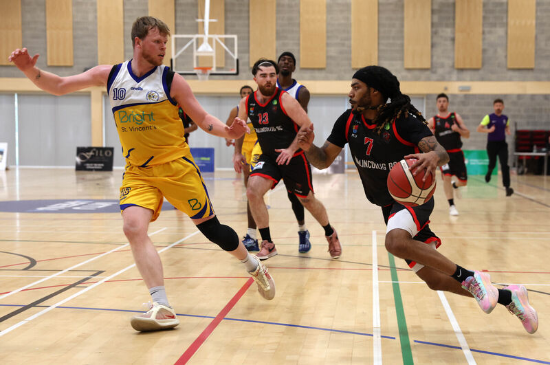 Latrell Jossell, Ballincollig, takes on Eoin McCann, St Vincent's. Picture: Jim Coughlan. Latrell Jossell, Ballincollig, takes on Eoin McCann, St Vincent's. Picture: Jim Coughlan.