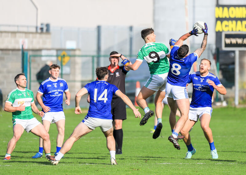 Naomh Abán's Sean O'Riordáin grabs the dropping ball from Aghabullogue's Adam Murphy. Picture: David Creedon Naomh Abán's Sean O'Riordáin grabs the dropping ball from Aghabullogue's Adam Murphy. Picture: David Creedon