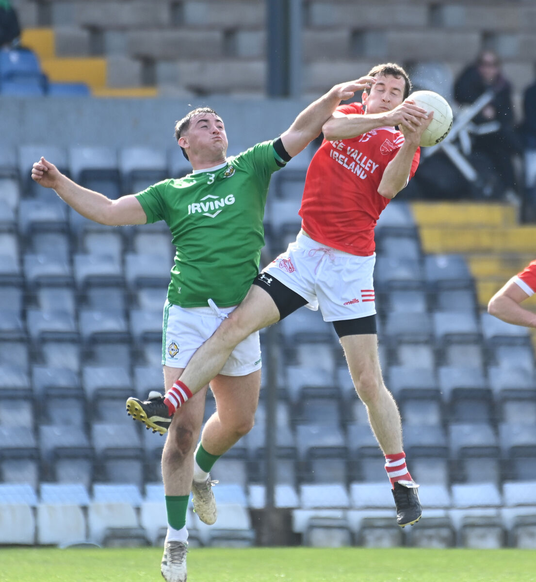Uíbh Laoire's Sean O'Leary wins the ball from Aghada's Jack Colbert. Picture: Eddie O'Hare Uíbh Laoire's Sean O'Leary wins the ball from Aghada's Jack Colbert. Picture: Eddie O'Hare