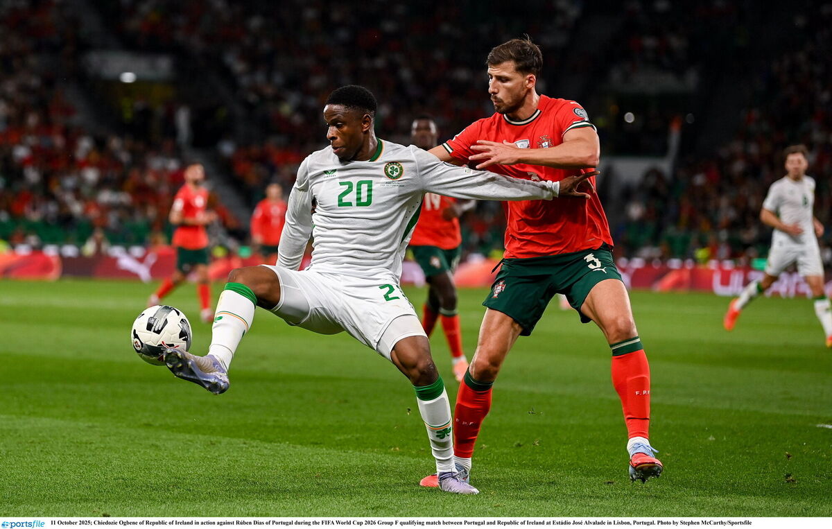 Chiedozie Ogbene of Republic of Ireland in action against Rúben Dias of Portugal. Picture: Stephen McCarthy/Sportsfile Chiedozie Ogbene of Republic of Ireland in action against Rúben Dias of Portugal. Picture: Stephen McCarthy/Sportsfile