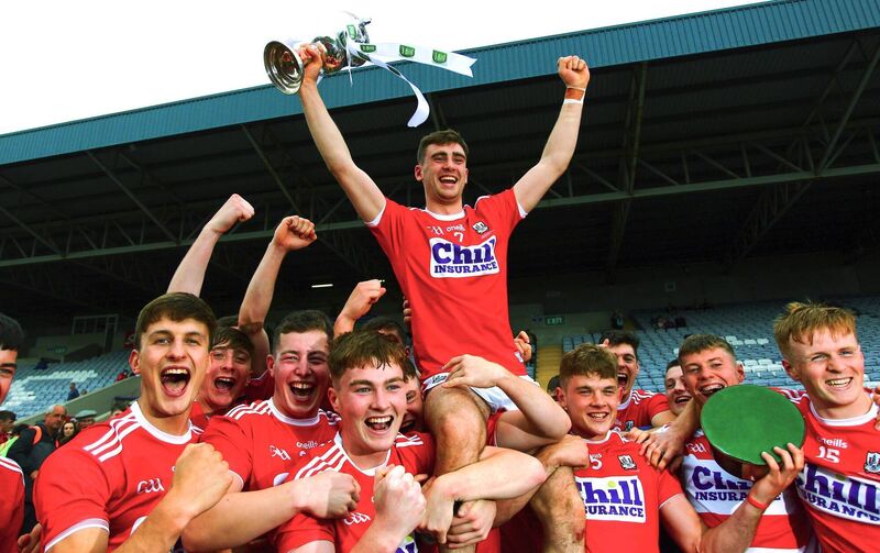 Cork players with captain Peter O'Driscoll celebrate after winning the All-Ireland U20 FC title in 2019.  Picture: INPHO/Ken Sutton