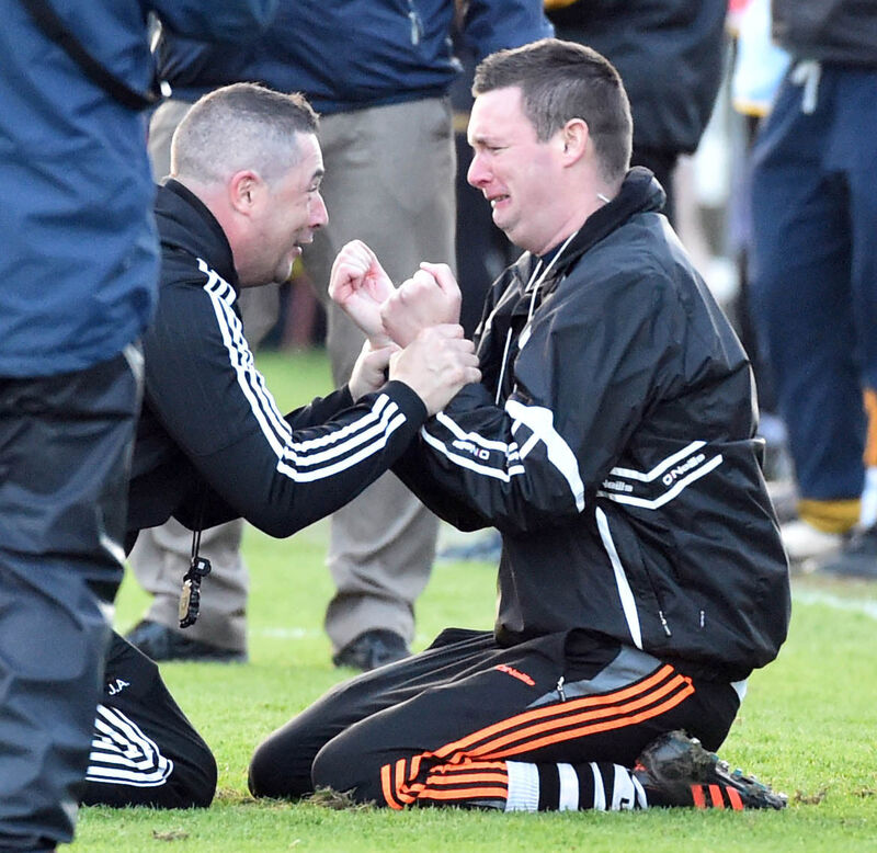 Kiskeam boss Denis Reen at the final whistle after defeating Fermoy in the PIFC final in 2016. Picture: Eddie O'Hare