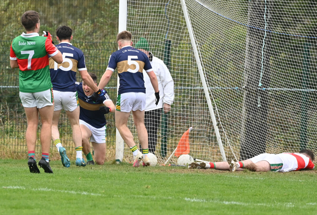 Kilmurry's Ruadhan Ó Currain celebrates his goal with Tomas Colins. Picture: Eddie O'Hare Kilmurry's Ruadhan Ó Currain celebrates his goal with Tomas Colins. Picture: Eddie O'Hare