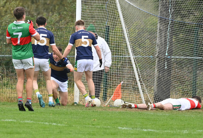 Kilmurry's Ruadhan Ó Currain celebrates his goal with Tomas Colins. Picture: Eddie O'Hare