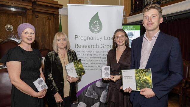 <p>Marita Hennessy; Prof. Keelin O'Donoghue, CUMH; Dr. Caoimhe Ní hÉalaithe and Dr. Tommy Harty at the launch of Pregnancy Loss &amp; the Workplace, A Toolkit for Employers &amp; Employees, which took place at Cork City Council Chambers. Picture: Brian Lougheed</p>
