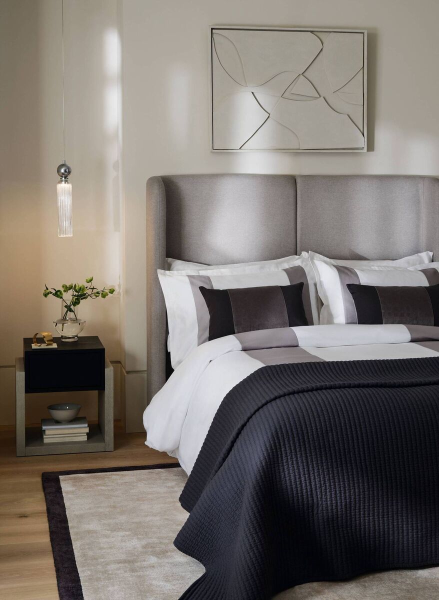 A hotel at home: The M&amp;S X Kelly Hoppen Sateen Panel Bedding Set in Kelly’s Grey. Rest of items from a selection, Marks &amp; Spencer.	Picture: Marks &amp; Spencer/PA.
                    