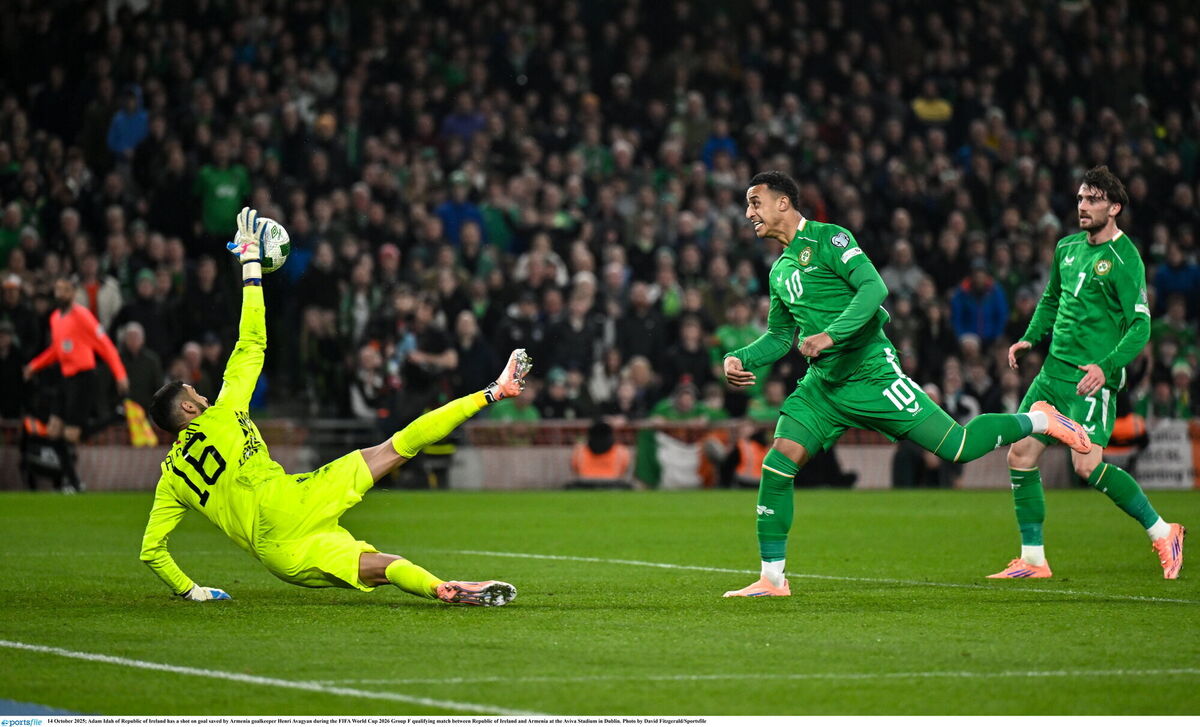 Adam Idah of Republic of Ireland has a shot on goal saved by Armenia goalkeeper Henri Avagyan during the FIFA World Cup 2026 Group F qualifying match between Republic of Ireland and Armenia at the Aviva Stadium in Dublin. Photo by David Fitzgerald/Sportsfile Adam Idah of Republic of Ireland has a shot on goal saved by Armenia goalkeeper Henri Avagyan during the FIFA World Cup 2026 Group F qualifying match between Republic of Ireland and Armenia at the Aviva Stadium in Dublin. Photo by David Fitzgerald/Sportsfile