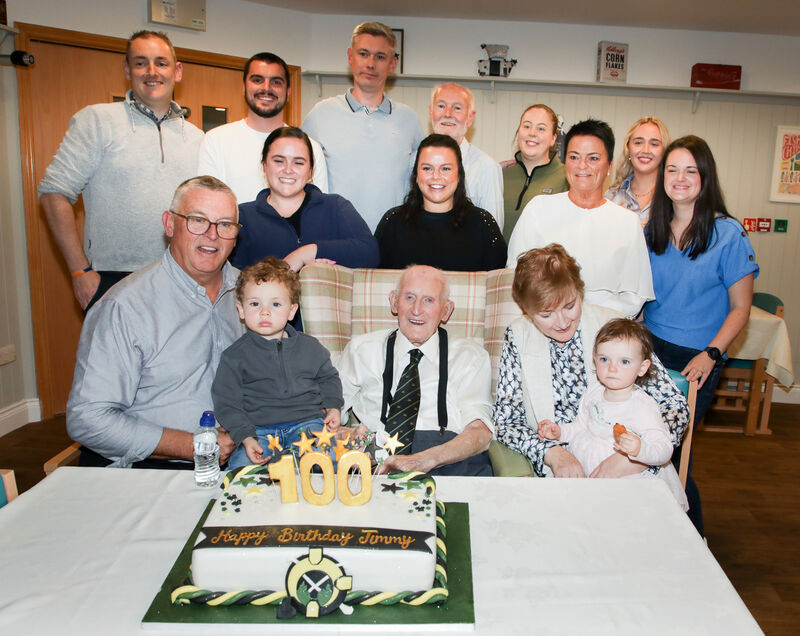 Jimmy Lynam with members of his family at his 100th birthday celebrations that took place at Care Choice Ballynoe, White's Cross, Cork. - Picture: David Creedon