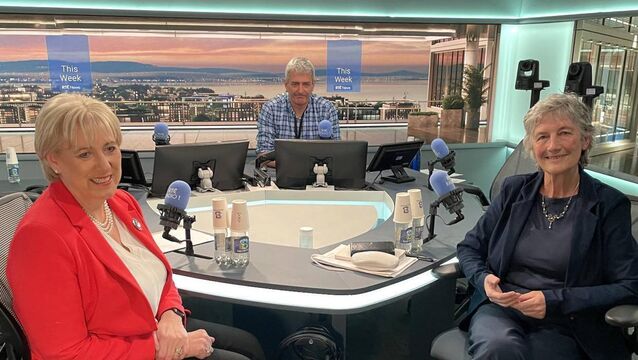 <p class="contextmenu internal_Caption">Irish presidential candidates Heather Humphreys (left) and Catherine Connolly (right) with RTÉ presenter David McCullagh ahead of a debate on RTÉ Radio One in Dublin</p>