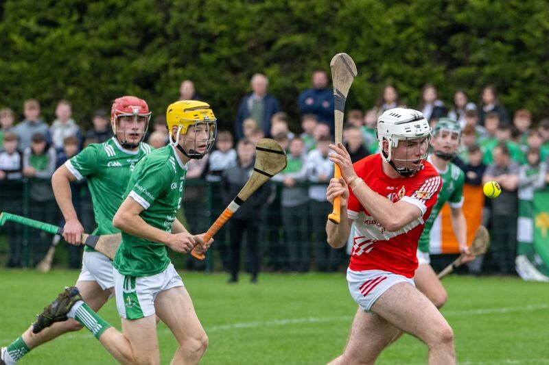 Midleton CBS’s Fionn Daly fires a shot at the St Colman's goal. Picture: Chani Anderson