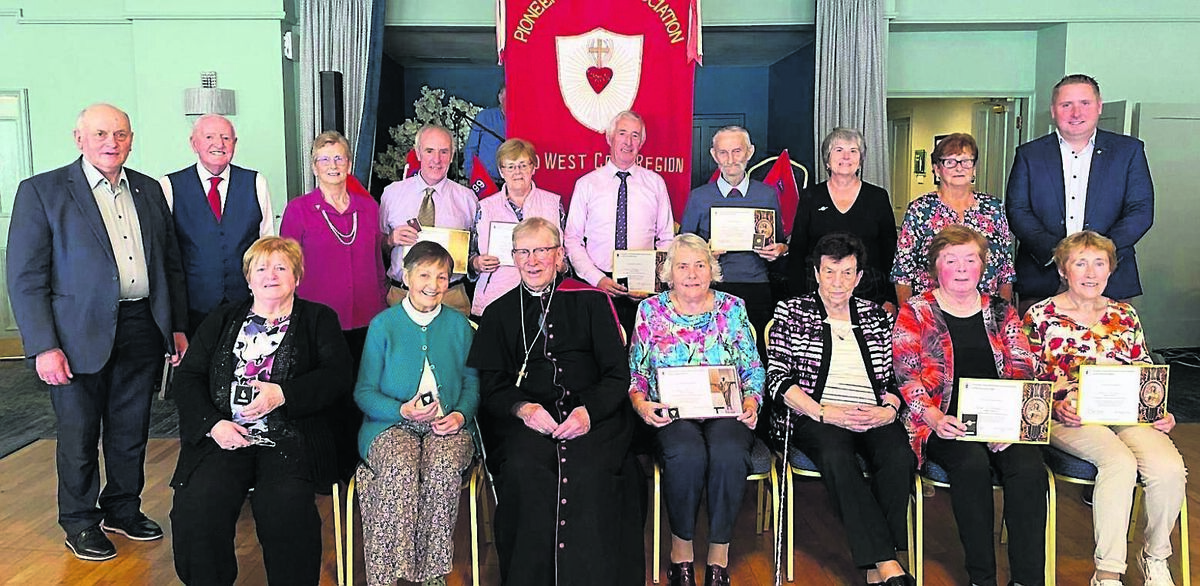 At the Pioneer annual lunch and social at Acton’s Hotel in Kinsale. Front Row: Kay Collins and Patricia Bowen Courcey’s, Bishop Emeritus John Buckley; Mary Hunt, Kinsale; Sheila Murphy, Ballygarvan; Breda O’Meara, Ballinhassig, and Joan O’Driscoll, Courcey’s. Back Row: Dan O’Mahony, Bandon; Barry and Aislinn Cogan, Carrigaline; John Joe O’Rielly, Courcey’s, Matt Lucey Ballinhassig; Theresa McCarthy Bandon; Eleanor Crowley, Courcey’s, and Pat Prendergast, Bandon. At the Pioneer annual lunch and social at Acton’s Hotel in Kinsale. Front Row: Kay Collins and Patricia Bowen Courcey’s, Bishop Emeritus John Buckley; Mary Hunt, Kinsale; Sheila Murphy, Ballygarvan; Breda O’Meara, Ballinhassig, and Joan O’Driscoll, Courcey’s. Back Row: Dan O’Mahony, Bandon; Barry and Aislinn Cogan, Carrigaline; John Joe O’Rielly, Courcey’s, Matt Lucey Ballinhassig; Theresa McCarthy Bandon; Eleanor Crowley, Courcey’s, and Pat Prendergast, Bandon.