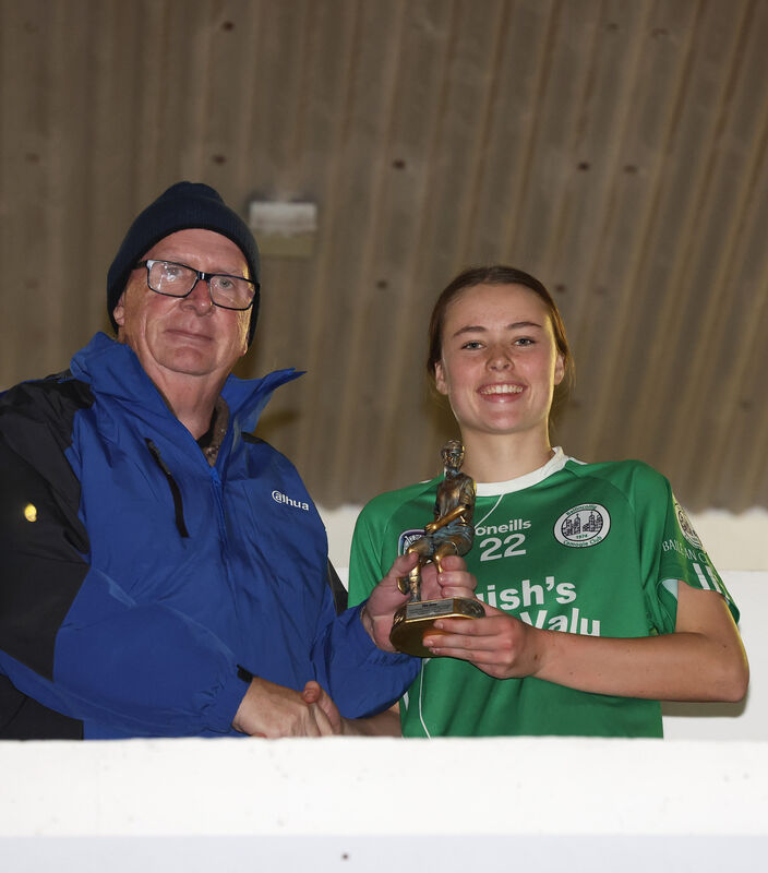  John Coughlan presents The Echo Player of the Match award to Leah Hannigan, Ballincollig. Picture: Jim Coughlan.