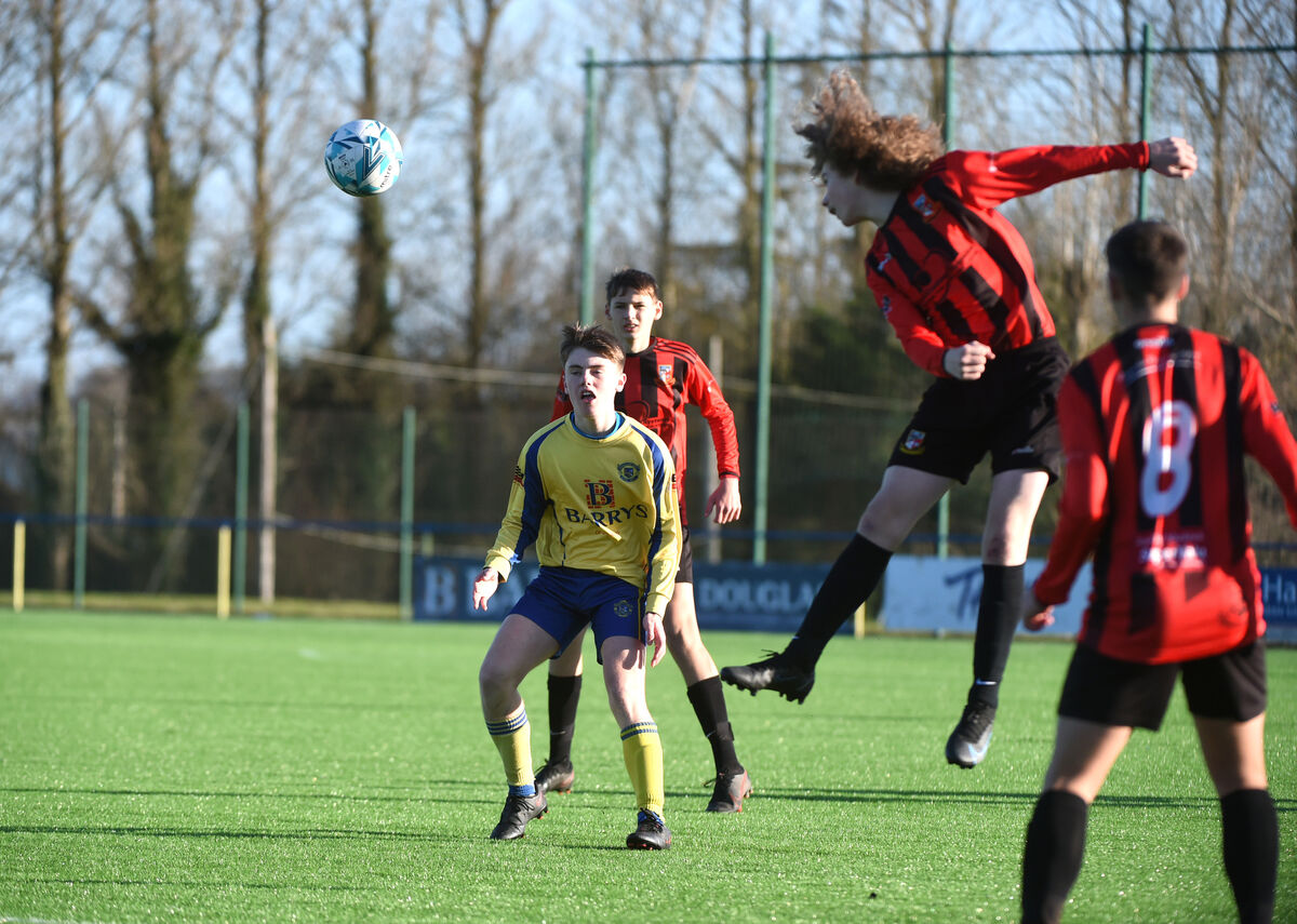 Lucas Curtin rises to make a defensive header for Ringmahon Rangers U16s. Picture: Larry Cummins Lucas Curtin rises to make a defensive header for Ringmahon Rangers U16s. Picture: Larry Cummins