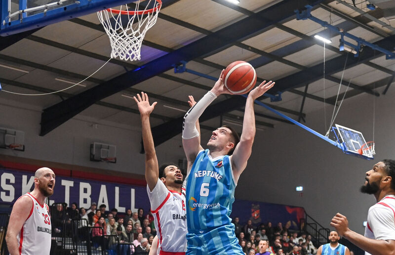 Neptune's Cian Heaphy shoots past Ballincollig's Joshua Steel during their Men's Super League clash at Neptune Stadium. Picture: David Keane. Neptune's Cian Heaphy shoots past Ballincollig's Joshua Steel during their Men's Super League clash at Neptune Stadium. Picture: David Keane.