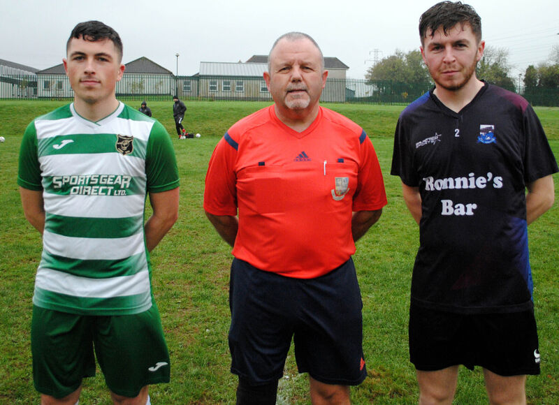 Glenthorn Celtic's captain Jamie Keniry (left) with CFC Banteer's Alan Coughlan, accompanied by referee Paul O'Sullivan. Glenthorn Celtic's captain Jamie Keniry (left) with CFC Banteer's Alan Coughlan, accompanied by referee Paul O'Sullivan.