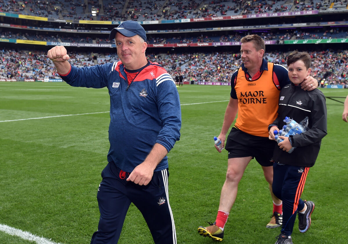 Cork selectors James McCarthy and Ollie Rue O'Sullivan and his son Shane celebrate after defeating Mayo in the Electric Ireland All-Ireland MFC semi-final at Croke Park in 2019. Picture: Eddie O'Hare