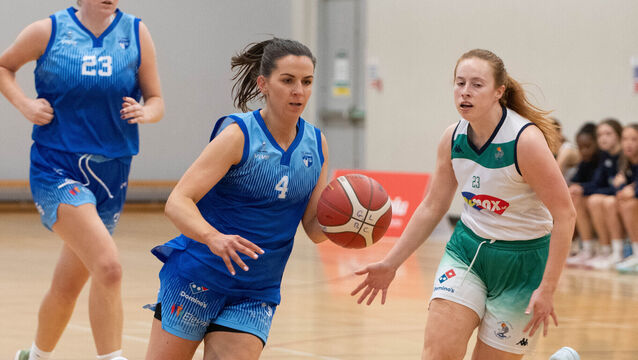 <p>UCC Glanmire's Aine McKenna races past Flomax Liffey Celtics Sorcha Tiernan during the Dominoes Womens Super League basketball match in the Mardyke. Picture: Howard Crowdy</p>