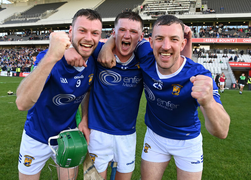 Ballinhassig players Conor Desmond, Charlie Grainger and Fintan O'Leary celebrate after defeating Ballincollig. Picture: Eddie O'Hare Ballinhassig players Conor Desmond, Charlie Grainger and Fintan O'Leary celebrate after defeating Ballincollig. Picture: Eddie O'Hare