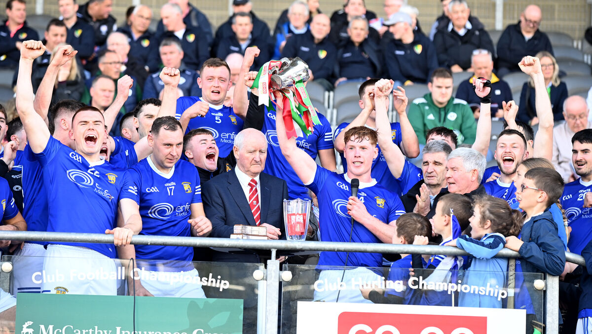 Ballinhassig captain Ger Collins raises the trophy after defeating Ballincollig. Picture: Eddie O'Hare Ballinhassig captain Ger Collins raises the trophy after defeating Ballincollig. Picture: Eddie O'Hare