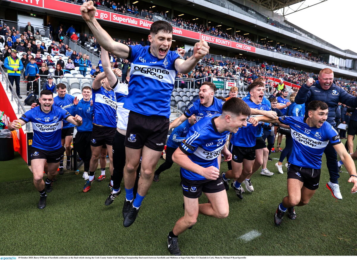 Barry O'Flynn of Sarsfields celebrates at the final whistle. Picture: Michael P Ryan/Sportsfile Barry O'Flynn of Sarsfields celebrates at the final whistle. Picture: Michael P Ryan/Sportsfile