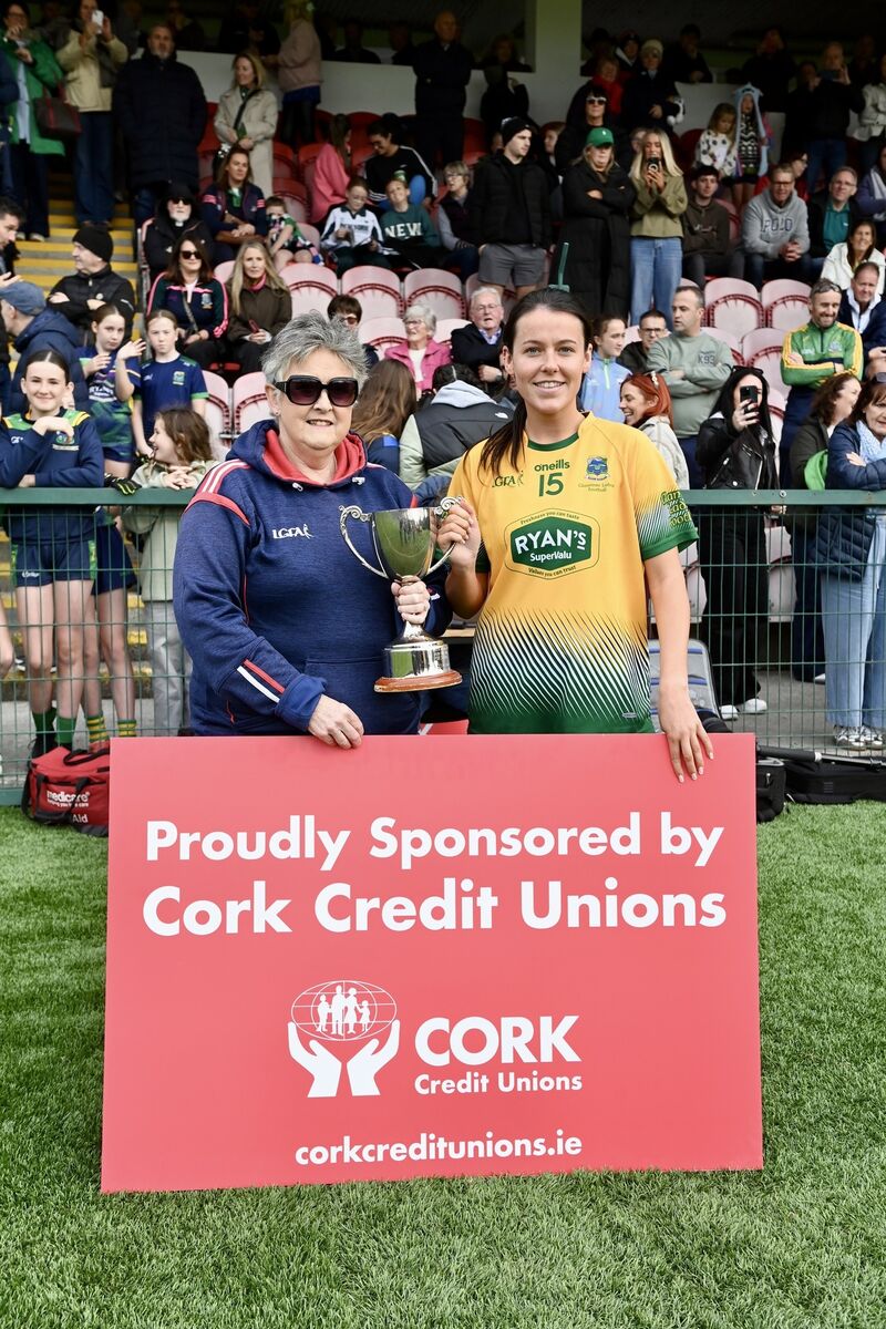 Cup presentation by Marian Crowley to winning captain Ally McCarthy, Glanmire after their win against O’Donovan Rossa in the Cork Credit Unions Senior B ladies football final: Glanmire v Cup presentation by Marian Crowley to winning captain Ally McCarthy, Glanmire after their win against O’Donovan Rossa in the Cork Credit Unions Senior B ladies football final: Glanmire v
