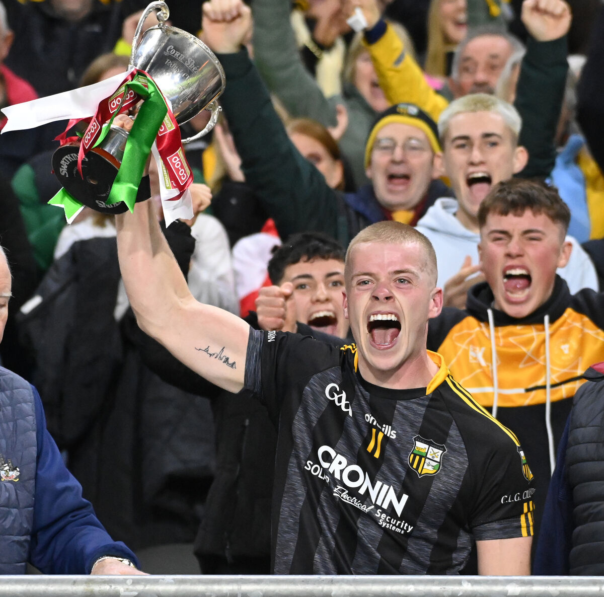 Kilbrittain captain Philip Wall raises the Jimmy O'Mahony Cup after Friday's defeat of Glen Rovers in the Co-op SuperStores Cork Premier JHC final. Picture: Eddie O'Hare