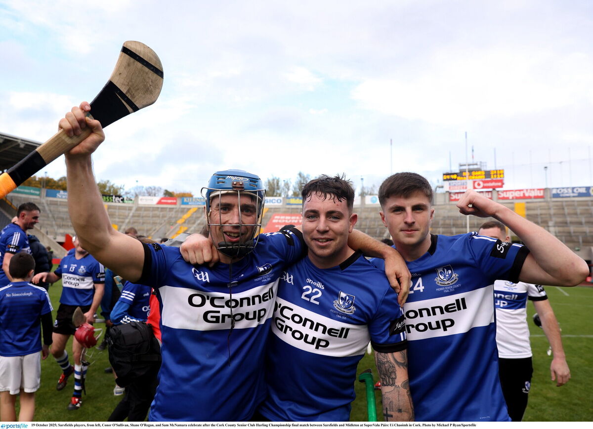 Sarsfields players Conor O'Sullivan, Shane O'Regan, and Sam McNamara. Picture: Michael P Ryan/Sportsfile Sarsfields players Conor O'Sullivan, Shane O'Regan, and Sam McNamara. Picture: Michael P Ryan/Sportsfile
