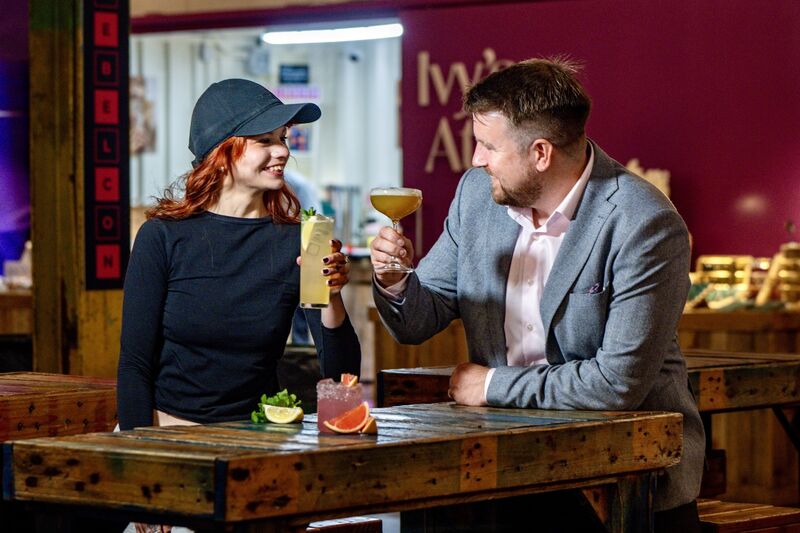 Founder Steve Guiney and bartender Aleksandra Savchenko enjoying zero alcohol cocktails from the Saor menu at Cork’s Marina Market ahead of the Jazz Weekend opening. Picture Chani Anderson.