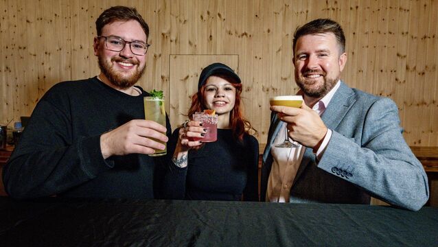 <p>Cocktail consultant Eoin Lyne, bartender Aleksandra Savchenko and founder Steve Guiney behind the bar at Saor, the new no alcohol bar opening in Cork’s Marina Market ahead of the Jazz Weekend. Picture: Chani Anderson.</p>