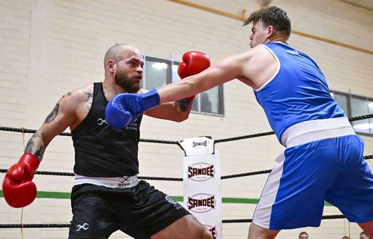 Cork Senior Boxing Tournament GGBC - Saturday 18 October 2025 — Frank Belujsky of Mitchelstown BC and Michael Boutinko of Muskerry BC in action during the Cork Senior Boxing tournament held at St Vincents GAA Club last weekend. Picture: Doug Minihane Cork Senior Boxing Tournament GGBC - Saturday 18 October 2025 — Frank Belujsky of Mitchelstown BC and Michael Boutinko of Muskerry BC in action during the Cork Senior Boxing tournament held at St Vincents GAA Club last weekend. Picture: Doug Minihane