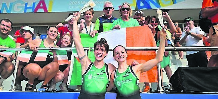 Mags Cremen and Fintan McCarthy of Team Ireland celebrate after winning gold in the mixed double scull final at the World Rowing Championships in Shanghai. Picture: Benedict Tufnell/Sportsfile
Mags Cremen and Fintan McCarthy of Team Ireland celebrate after winning gold in the mixed double scull final at the World Rowing Championships in Shanghai. Picture: Benedict Tufnell/Sportsfile