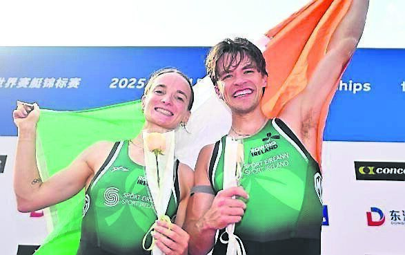 Mags Cremen and Fintan McCarthy celebrate their gold medal winning performance at the 2025 World Rowing Championships. Picture: Benedict Tufnell/Sportsfile
Mags Cremen and Fintan McCarthy celebrate their gold medal winning performance at the 2025 World Rowing Championships. Picture: Benedict Tufnell/Sportsfile