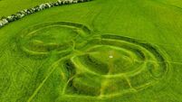 Aerial view of the Hill of Tara, an archaeological complex, containing a number of ancient monuments used as the seat of the Hig