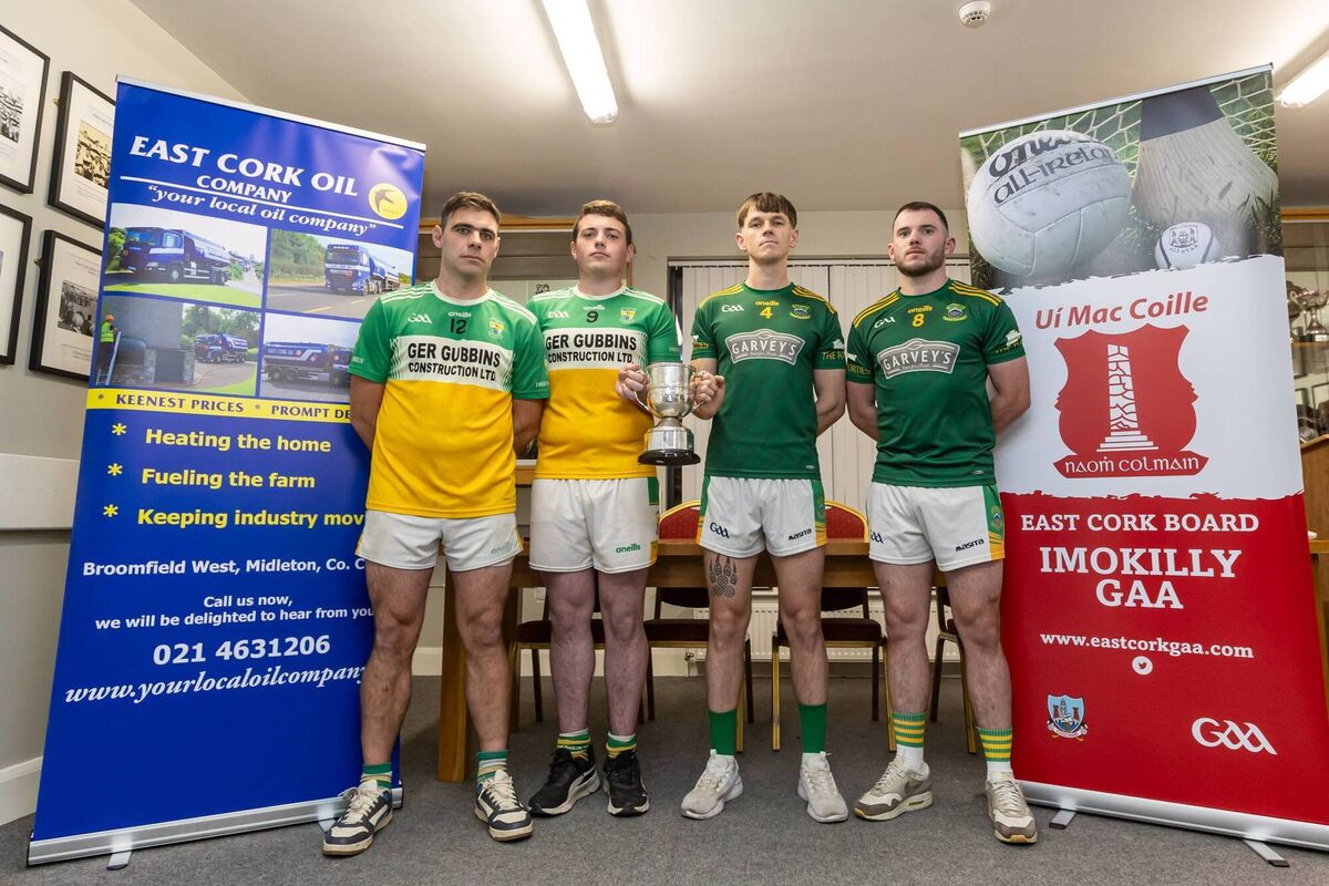Daniel Dooley and Liam Collins, Bride Rovers with Conor McLoughlin and George Keating, Cobh at the East Cork Final Launch in Midleton. Picture: Denis O'Flynn