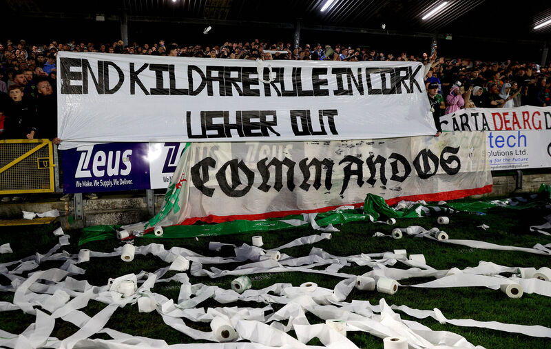 Cork fans protest against owner Dermot Usher before the St Pat's cup game  Cork fans protest against owner Dermot Usher before the St Pat's cup game