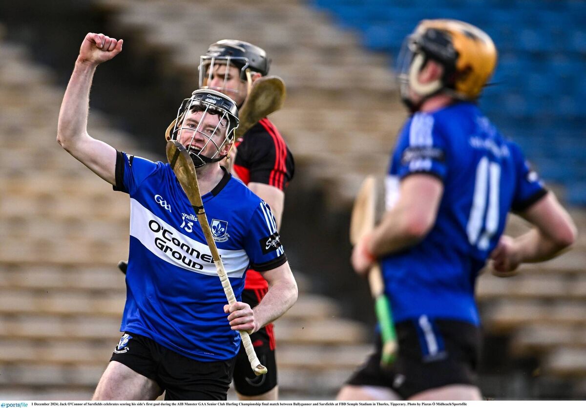 Sarsfields' Jack O'Connor after scoring the first of their three goals in last year's AIB Munster Club SHC final win over Ballygunner. Picture: Piaras Ó Mídheach/Sportsfile