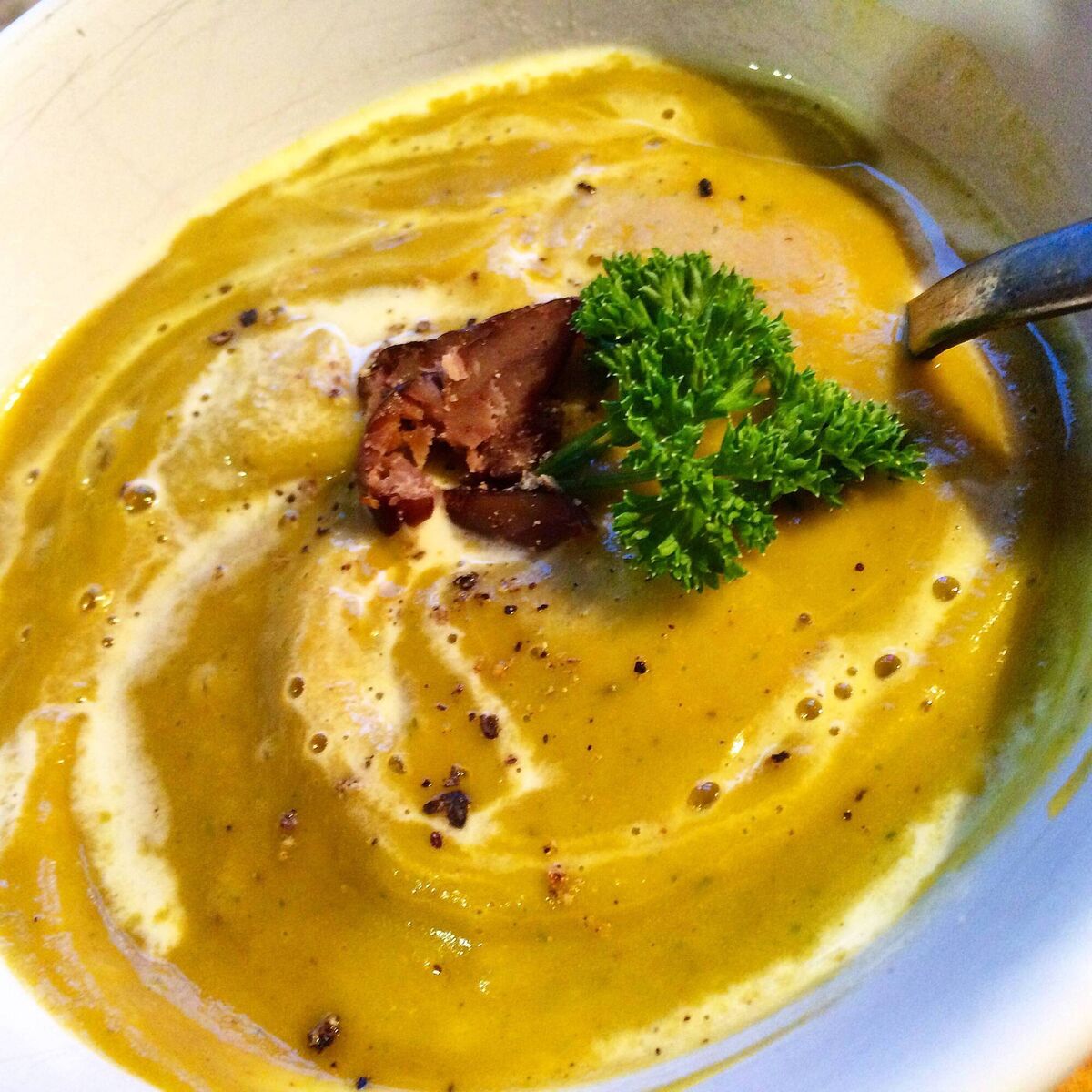 Kate's squash, bacon and chestnut soup. Picture: Kate Ryan 